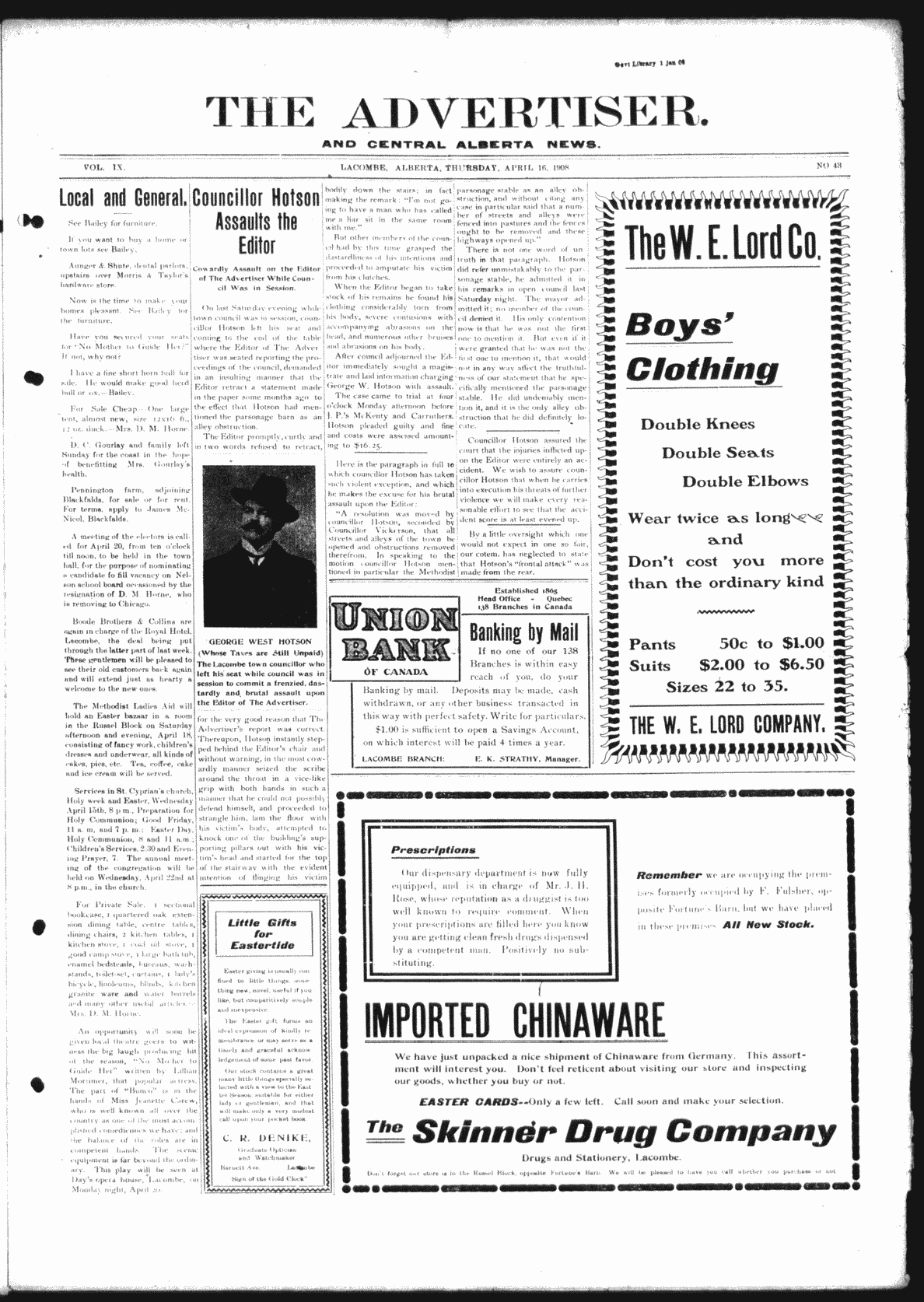 Advertiser and Central Alberta News April 16, 1908 Page 1