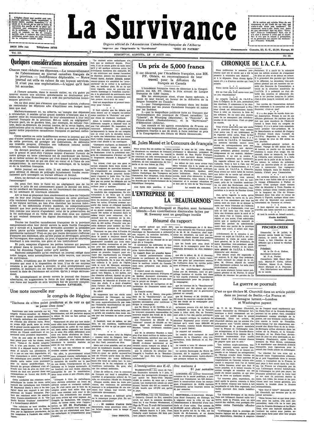 La survivance August 6, 1931 Page 1