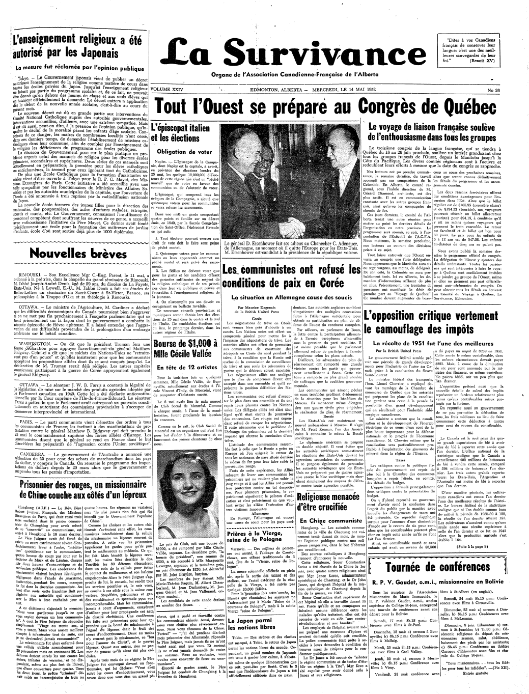 La survivance May 14, 1952 Page 1