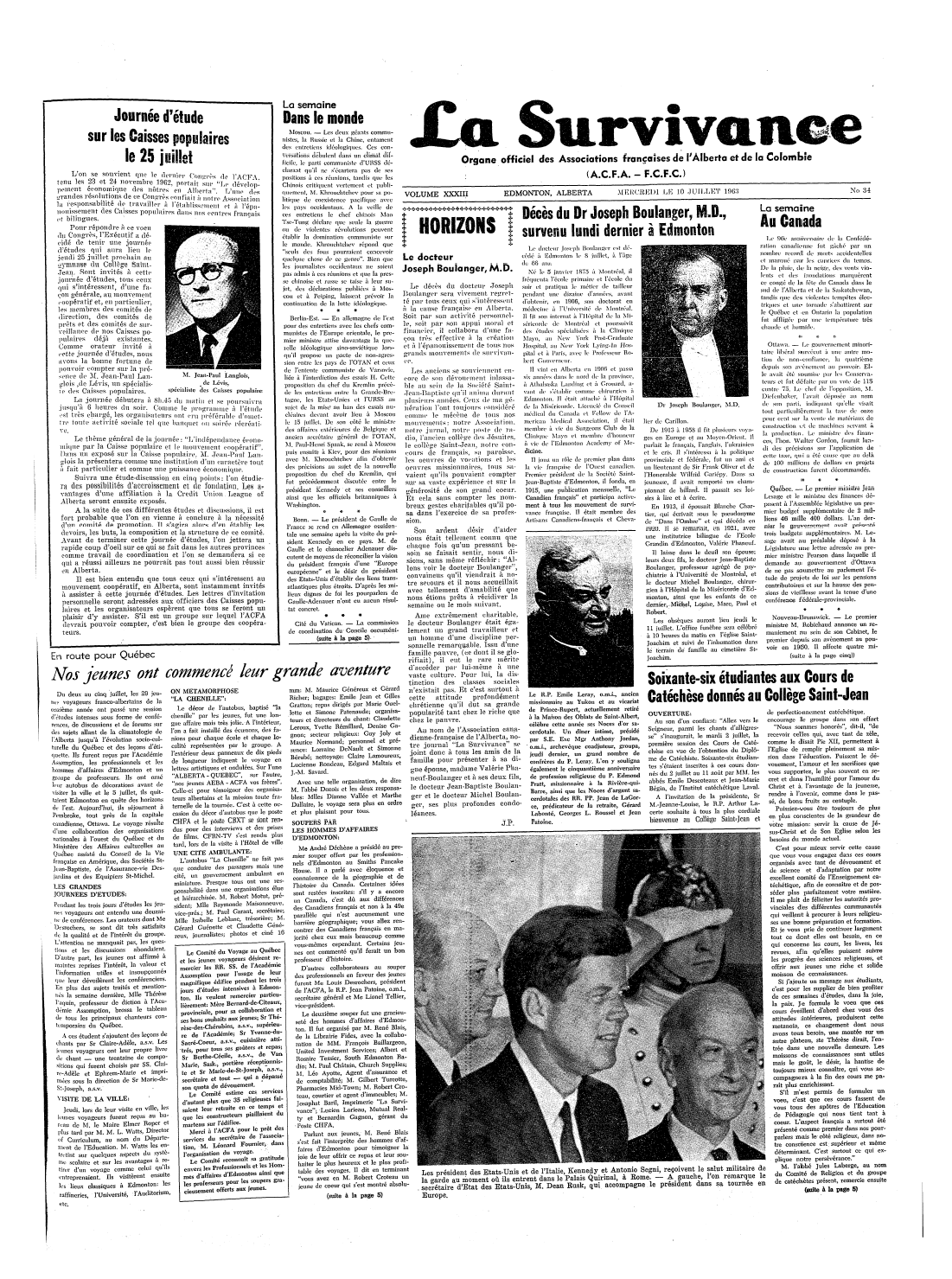 La survivance July 10, 1963 Page 1