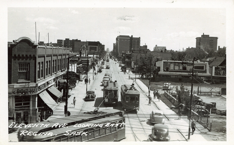 Postcard 12850: Eleventh Ave. Looking East, Regina, Sask. (after 1940])